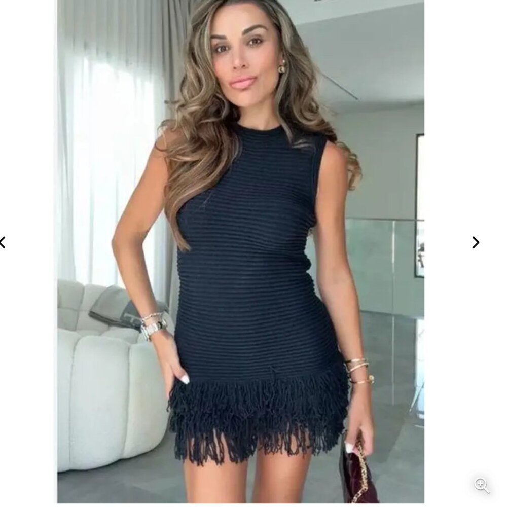 Zara FRINGED CHECKERED KNIT DRESS Navy Blue S M L NWT